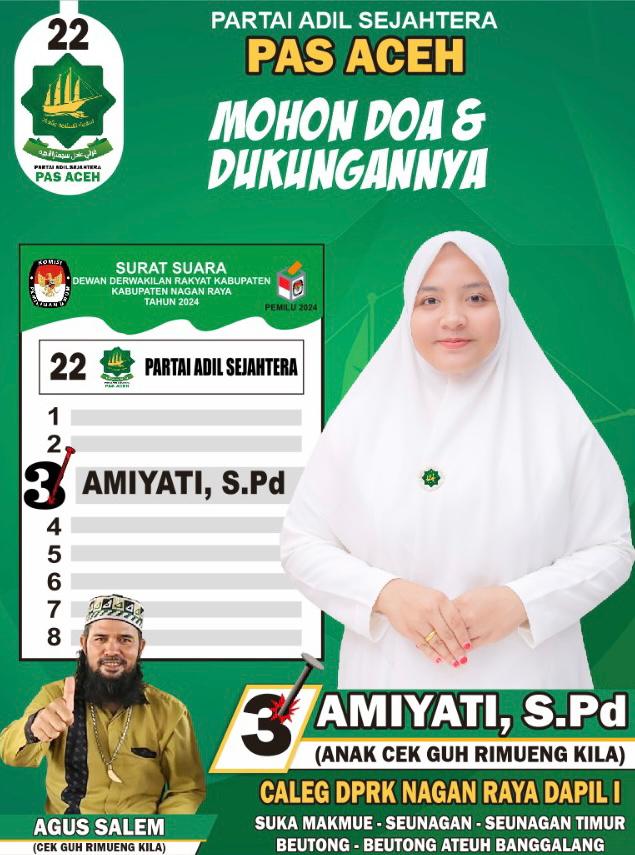 Amiyati. S. Pd Caleg Anggota Dewan Perwakilan Rakyat Kabupaten Nagan Raya Dari Partai PAS Nomor Urut :3