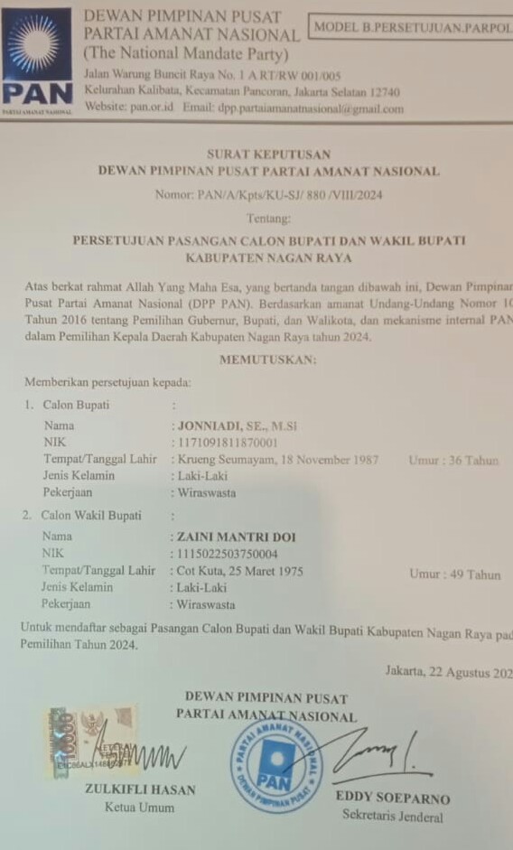 Surat Rekomendasi Dukungan Untuk Calon Bupati Nagan Raya Jonniadi.SE.M.Si dan Calon Wakil Bupati Zaini Mantri Doi.