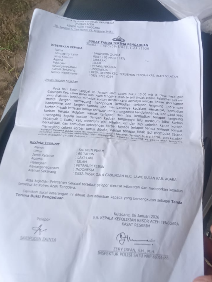 Keterangan Poto. Surat laporan polisi korban kepada Polres Aceh Tenggara.