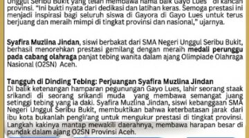 Menembus Batas dari Gayo Lues: Syafira Sabet Perunggu Panjat Tebing O2SN Aceh